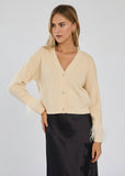 SKIES ARE BLUE:  CARDIGAN/RHINE BUTTONS/FEATHERS