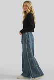SAGE & FIG:  FRAYED STAR PATCH WIDE LEG DENIM PANT